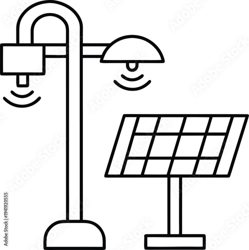 smart streetlight solar powered line art vector illustration on transparent background