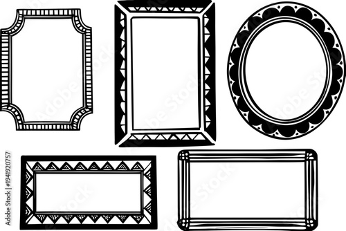 A set of five black and white vector graphic frames with various decorative borders and shapes