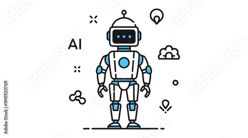 A futuristic robot surrounded by ai and technology symbols representing artificial intelligence and innovation in a digital world with various icons
