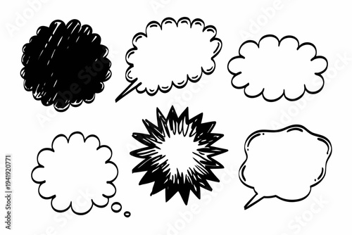 A set of black and white comic book style speech bubbles and thought clouds in various shapes and sizes