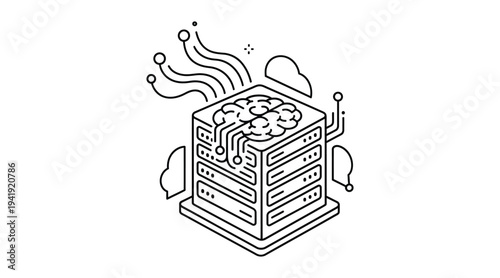 A black and white line drawing of a server with smoke coming out