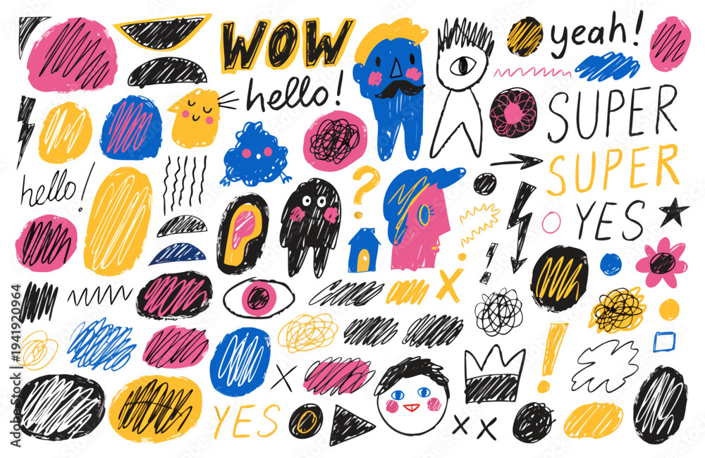 Fototapeta premium A colorful vector graphic illustration of various cartoon doodles and words on a white background