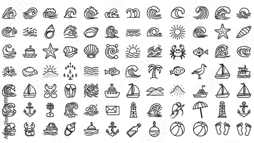 Various beach and sea icons.