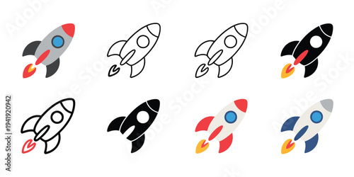 Rocket Launch and Startup Flat and Line Icons Set Vector Illustration, Spaceship Symbol Collection for Business Innovation, Technology Growth, Space Mission, and Startup Success Concept Design