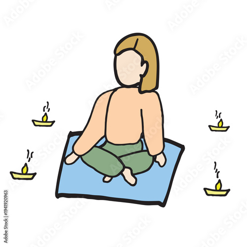 Mental health concept woman meditating at home flat hand drawn illustration