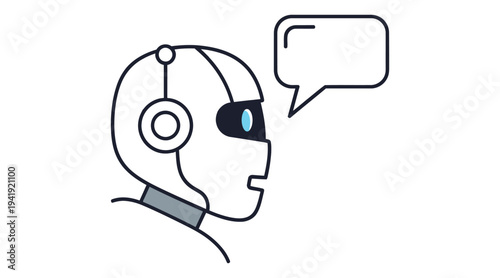 A futuristic robot with a speech bubble and glowing blue eye is depicted in a simple line drawing with a headset and microphone
