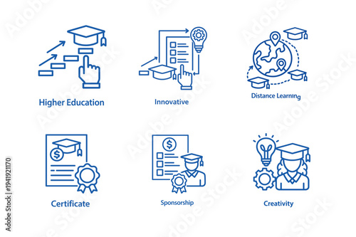 Blue Line Icons Representing Higher Education, Innovation, Distance Learning, Certification, Sponsorship, and Creativity