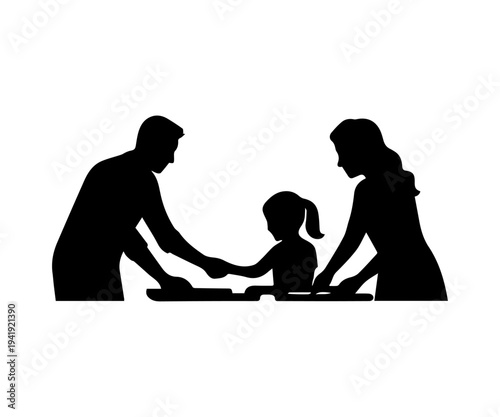 Family silhouette playing piano together with parents