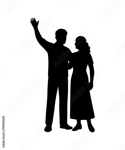 Couple silhouette waving goodbye with raised hand