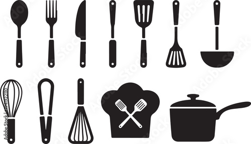 Kitchen utensil silhouette icon set. Cooking tools, black kitchenware outline icons.