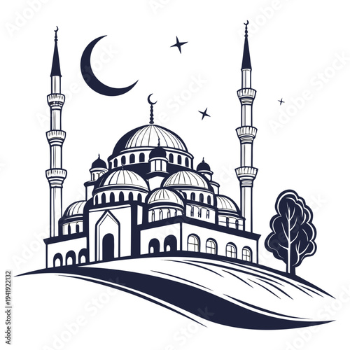 Islamic mosque silhouette with layered domes and minarets at night