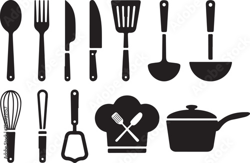 Kitchen utensil silhouette icon set. Cooking tools, black kitchenware outline icons.