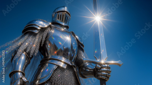 Shining medieval knight holding a sword against a deep blue sky with bright sun flare.