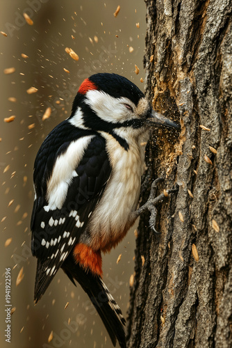 Great spotted woodpecker drilling into tree bark with flying wood chips in a close wildlife action shot.