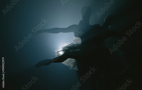 Graceful ballerina and her male partner dancing elements of classical or modern ballet in dark with floodlight backlight. Couple in smoke on black background. Art concept.