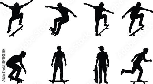 Skateboarder silhouette set performing tricks, ollie, kickflip, and cruising, urban extreme sports vector illustration.