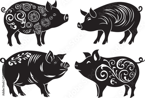 Black Pig silhouette set isolated on white background 