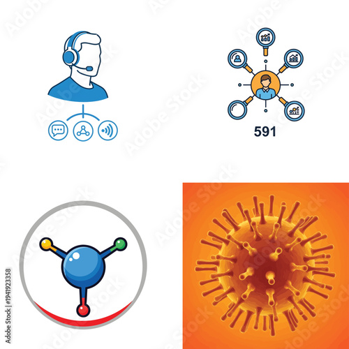 Illustrations depicting customer support, molecular structure, and virus outbreak illustration