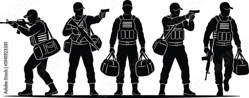 This set of high-impact silhouettes features soldiers and tactical personnel in various combat and transport poses, ideal for security, defense, gaming, and action-themed designs.