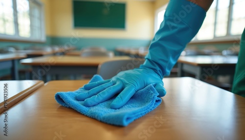 Janitors gloved hand wipes school desk with blue cloth. Classroom cleaning, disinfection, hygiene in educational setting. Empty desks and blackboard visible.