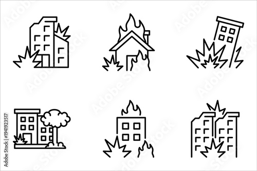 Ruined Buildings icons set. Disaster, damage, old, war, demolish, ruined, vector illustration on white background