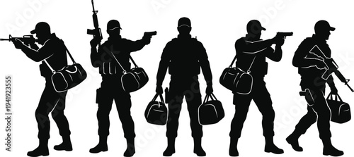 Silhouette of tactical military soldiers carrying duffel bags and rifles, armed security team set, black vector illustration.