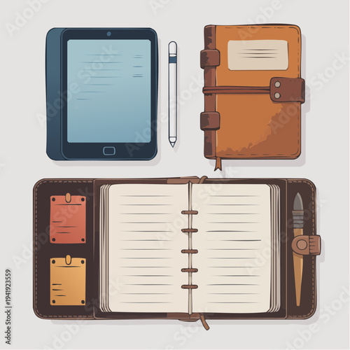 Open leather-bound journal with blank pages, pen, tablet with stylus, and closed leather diary on a minimalist white background