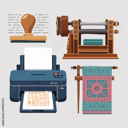 Office equipment and printing press illustrating various methods of printing documents and designs from different eras and technologies in a graphic illustration