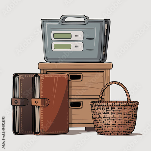 A woven basket and leather-bound organizers on a wooden filing cabinet with a scale on top viewed from the front
