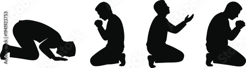 Muslim man praying silhouettes set, Islamic prayer positions, Sujud and Dua spiritual worship icons