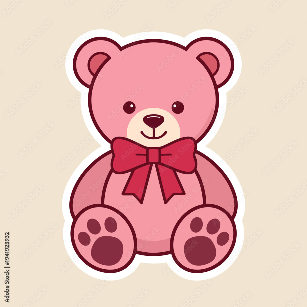 Fototapeta premium A charming pink teddy bear with a red bow sits cheerfully presented as a cute sticker illustration