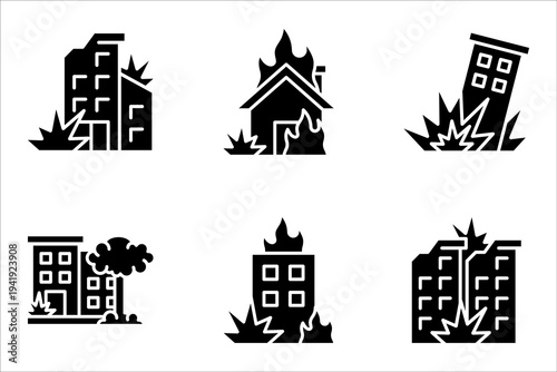 Ruined Buildings icons set. Disaster, damage, old, war, demolish, ruined, vector illustration on white background