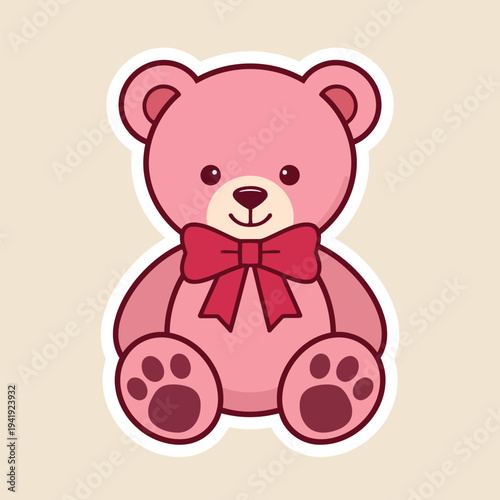 A charming pink teddy bear with a red bow sits cheerfully presented as a cute sticker illustration