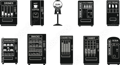Vending machine icon set with snack, soda, coffee, candy and vintage gumball dispenser silhouettes