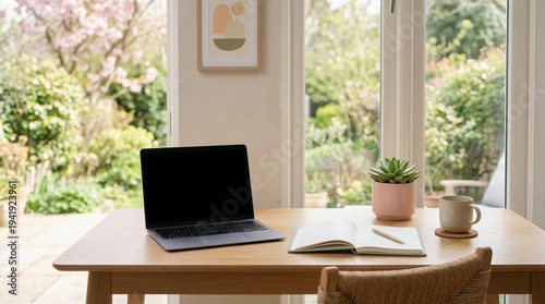 Billede på lærred Modern home office workspace with laptop near large window soft natural light mi
