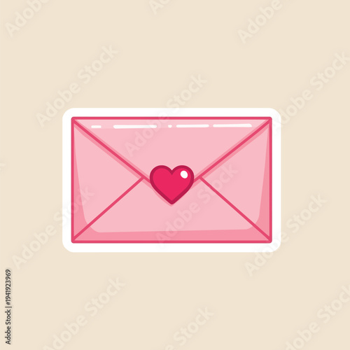 A charming pink envelope with a sealed flap and a vibrant red heart at its center