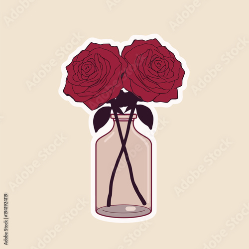 A digital illustration of two vibrant red roses delicately arranged within a transparent vase