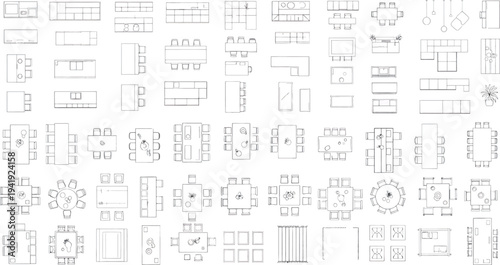 Isolated technical blueprint diagrams on transparent background