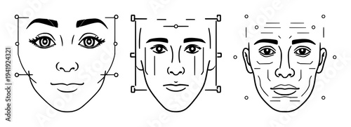 Facial recognition scan icon set with biometric security theme featuring face recognition, ID verification, biometric scanner with access control and digital identity