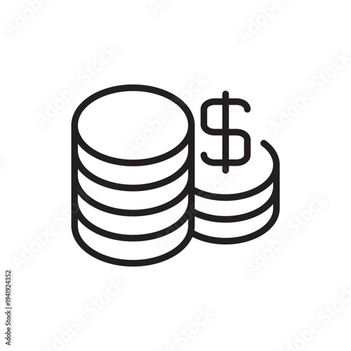 Stacked coins icon with a currency symbol. A minimalist vector illustration represents financial growth, savings, banking, investment capital, and wealth management in a clean line art style.