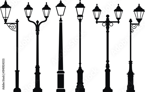 Vintage street lamp silhouettes collection, classic city lantern posts isolated on white background, urban lighting design elements for architecture illustration