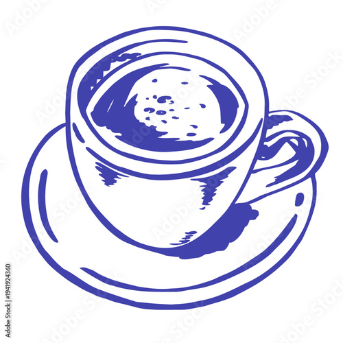 Blue line illustration of a coffee cup on a saucer, filled with dark coffee and light foam. Simple monochrome beverage composition with a cozy cafe mood for menus, packaging and kitchen prints.