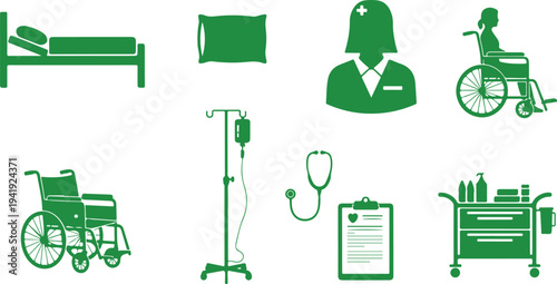 Medical and healthcare icons featuring hospital equipment and disability symbols isolated on transparent background