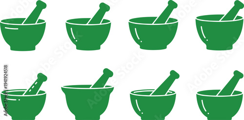 Set of green illustrated mortar and pestle icons arranged in grid pattern for medical or herbal use designs