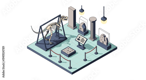 Isometric dinosaur skeleton exhibit display in modern museum setting