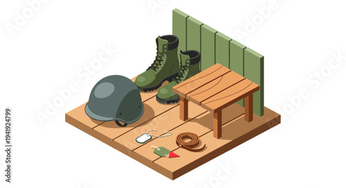 Military gear isometric icon set: helmet, boots, and bench on wooden platform