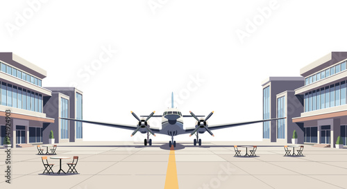 Retro airplane landing on modern business plaza runway in flat style