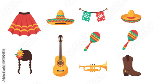 Traditional mexican elements set with sombrero guitar maracas