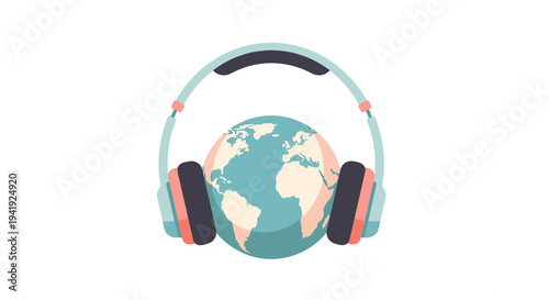 Global music connection: planet earth with headphones in minimalist design