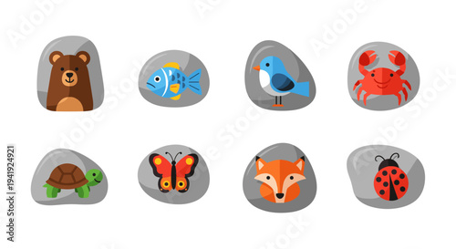 Cute animal faces on stones: bear, fish, bird, crab, turtle, butterfly, fox, ladybug